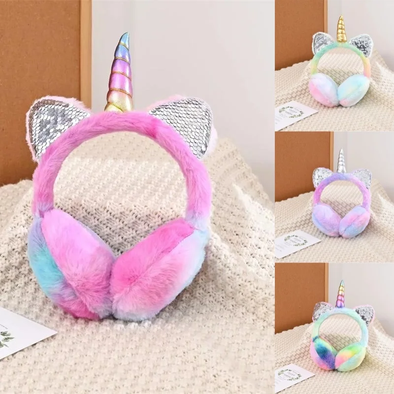 Orejeras mullidas de felpa suave de unicornio con lentejuelas coloridas para niños, orejeras de felpa cálidas de invierno con orejas de gato, sombrero de piel teñido anudado