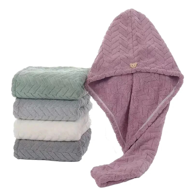 Weizenohren-Kappe für trockenes Haar, Korallensamt, niedliche Bärenschnalle, weich und bequem, einfache wasserabsorbierende, schnell trocknende Duschhaube