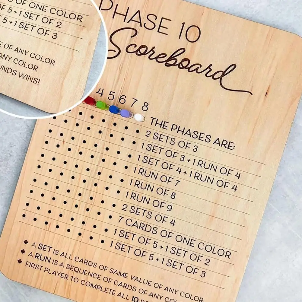 Wooden Phase 10 Score Board - Phase Ten Scorecard And Round Tracker Phase 10 Cards Game Score Sheets Classic Board Card Games