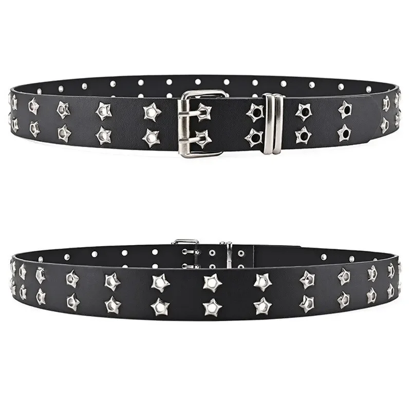 Nowy pasek z nitami w kształcie gwiazdy w stylu gotyckim Podwójna klamra męska / damska Moda Casual Punk Style Pu Leather Waistband for Jeans Y2K Belt