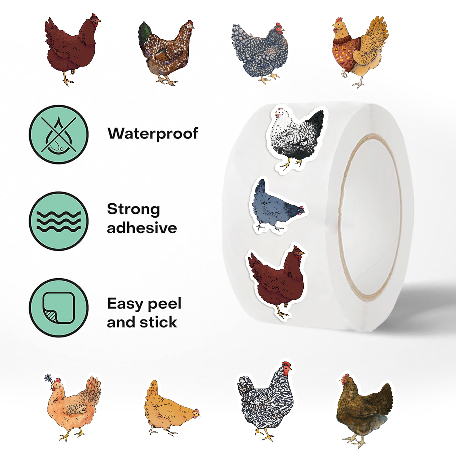 Rouleau d'autocollants animaux poulet poule, 500 pièces, pour bouteilles d'eau, ordinateur portable, réfrigérateur, bagages, ordinateur, dessin animé, drôle