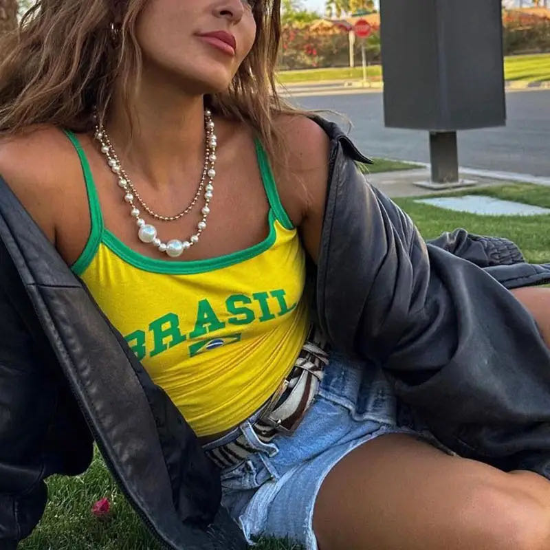 ホット販売女性の Tシャツブラジル手紙美的 90 s クロップトップス夏半袖 Tシャツ Kpop ストリート原宿 Y2K 服