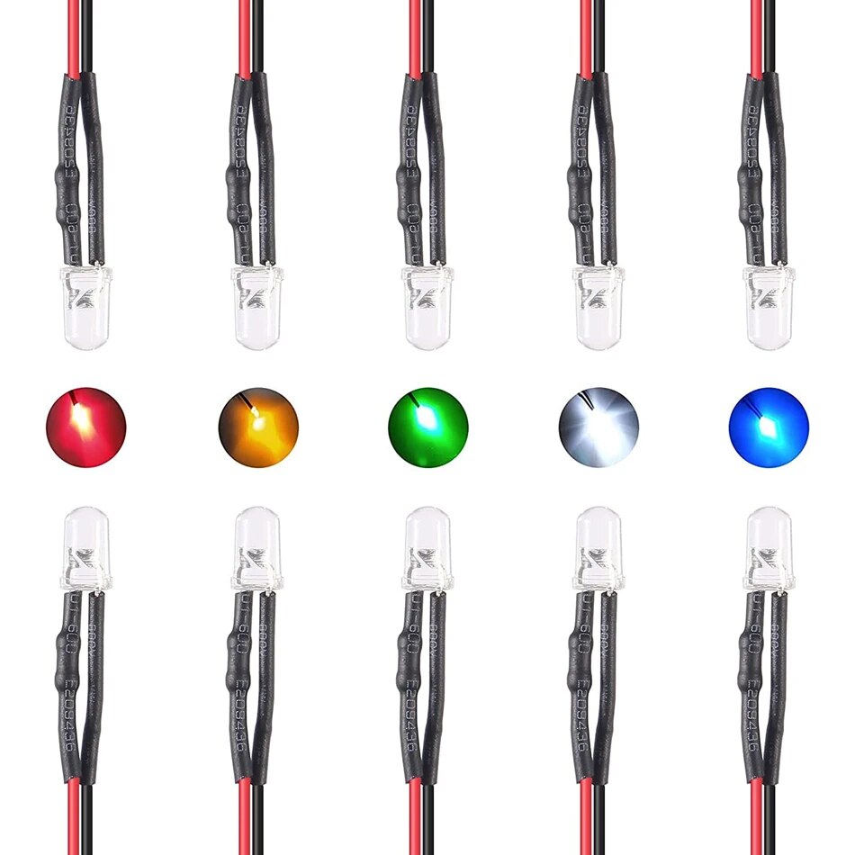 50pcs 12V 5 มม.ไฟ LED ไดโอด 7.9 นิ้ว Pre Wired 5 สี X 10pcs ชุดสารพันสีขาวสีแดงสีเขียวสีฟ้าสีเหลือง warm-White Emitting