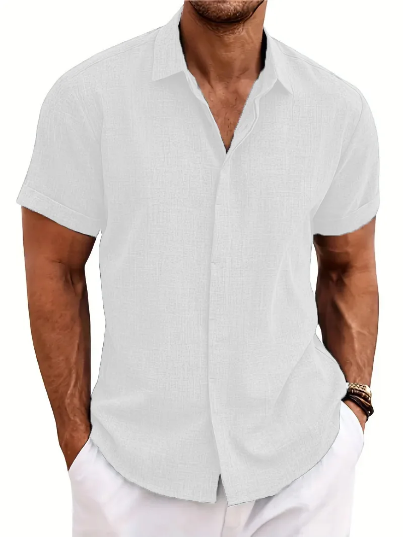 Nueva camisa de manga corta de color sólido para hombre, cárdigan informal de verano con solapa de color sólido, estilo playero, camisa de poliéster