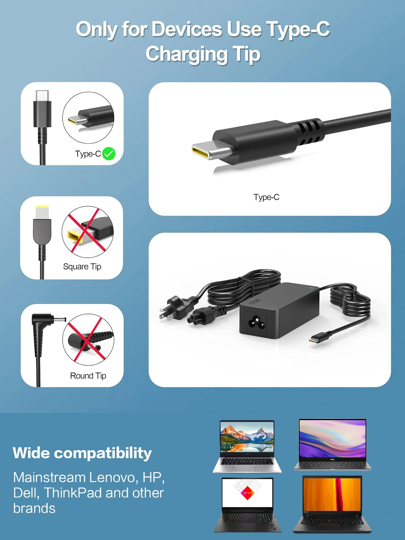 VIKEFON 65W USB C Laptop Charger Power Adapter for Lenovo ThinkPad,Hp,Chromebook,Yoga,Dell, ASUS,Acer Type C Fast Power Adapter