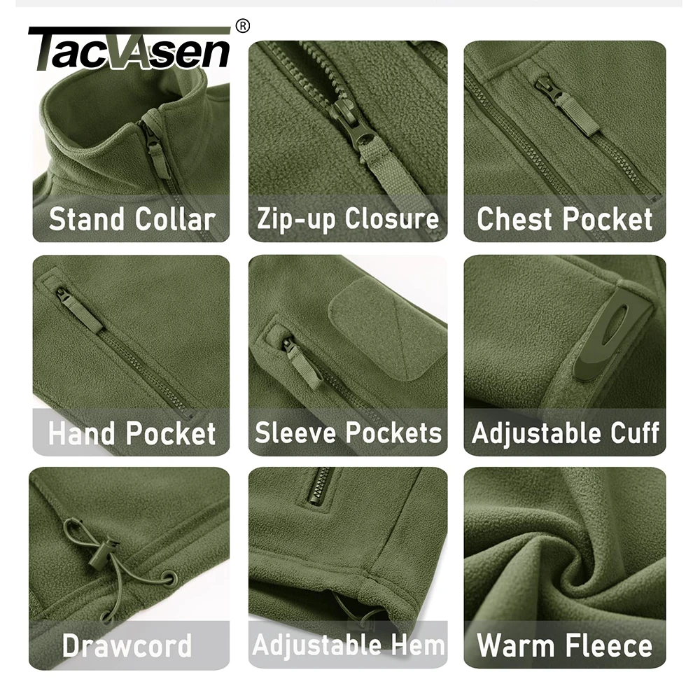 Tacvasen jaqueta de lã masculina, casaco macio e quente à prova de vento com zíper completo, vários bolsos com zíper, caminhadas, trabalho ao ar livre, corta-vento