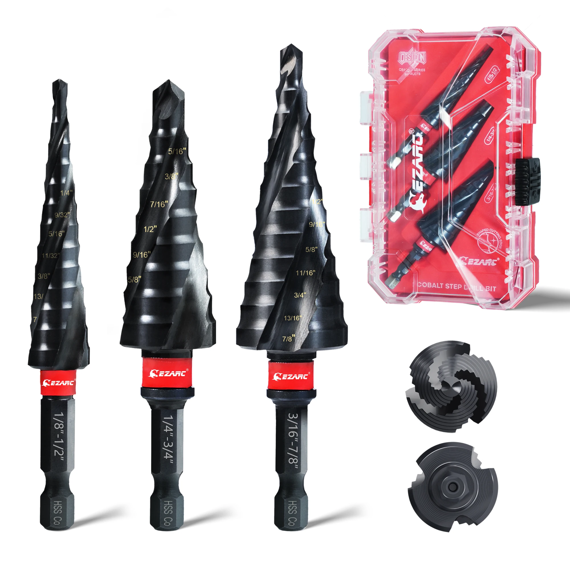 EZARC 3PCS Step Drill Bit for Metal, 1/8"-7/8" Spiral Flute Unibit Step Drill Wear-Resistant AlTiN Coated for Stainless Steel