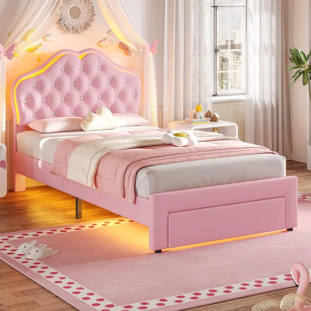 Twin Size Girl Bed with Storage Drawer & LED Lights, Upholstered Platform Bed, Adjustable Headboard with Velvet Crystal Button P