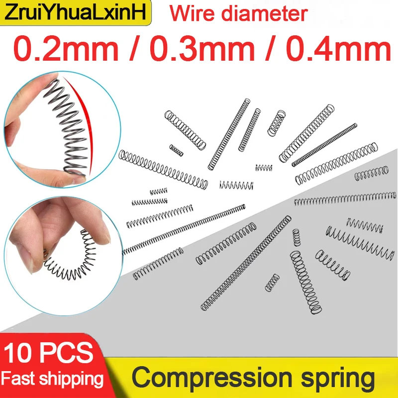 Resorte de compresión Micro pequeño, 0,2mm, 0,3mm, 0,4mm, OD 2/3/4/5/6/7/8/9/10mm, longitud de 5mm a 50mm, lote de 10 unidades