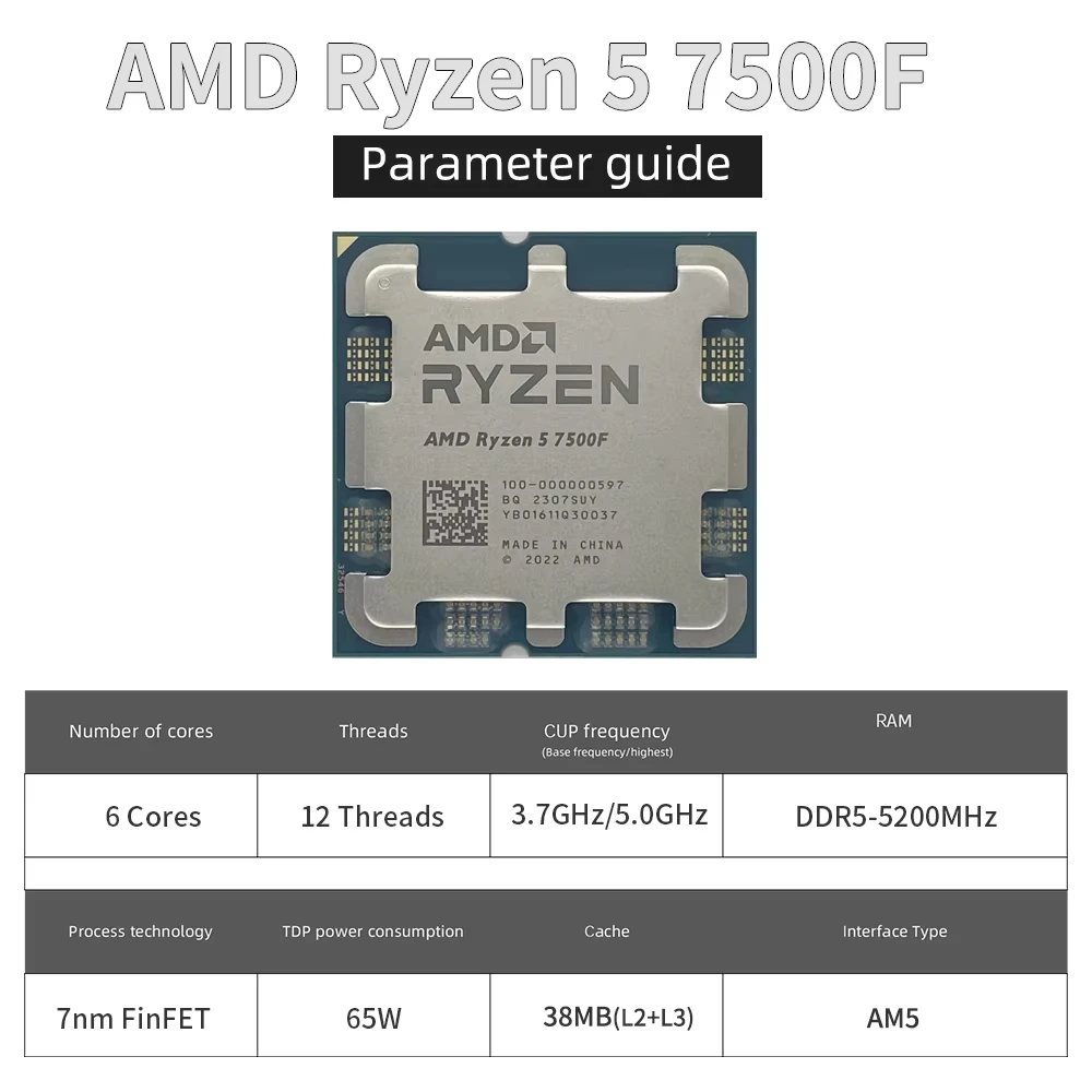 Procesor AMD Ryzen 5 7500F 5GHz 6-rdzeniowy 12-wątkowy 38MB Procesor stacjonarny Socket AM5 CPU Procesor do gier