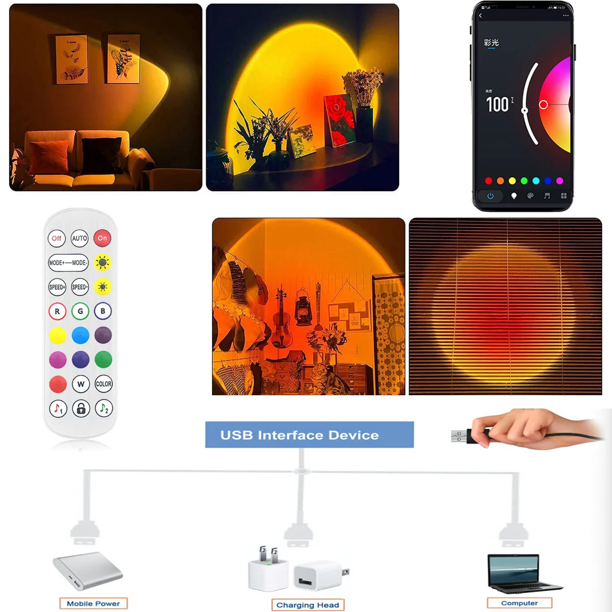 DC5V USB Tuya WiFi LED Sunset Lampe 24key Fernbedienung RGB Farbwechsel Projektion Regenbogen Scheinwerfer INS Vibe für Alexa Google