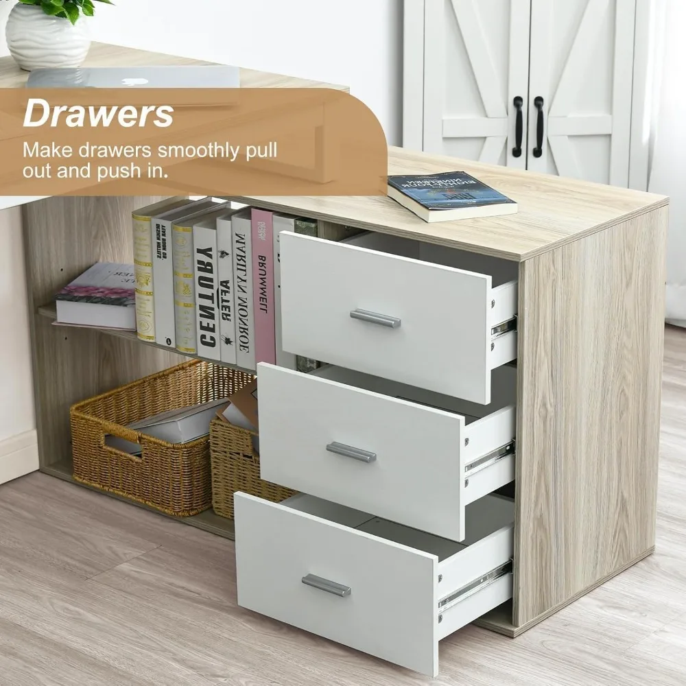 Desk with Drawers, 55 Inch L Shaped Computer Desk with Storage Shelves, Corner Desk with Removable Monitor Stand, Study