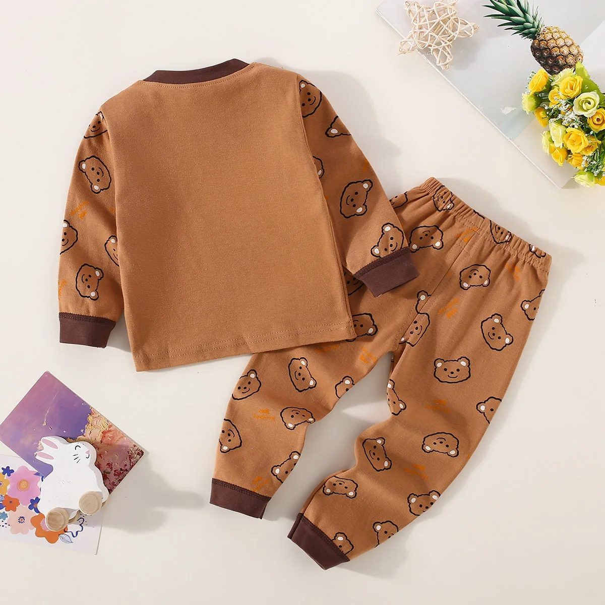 Conjunto de roupa íntima para meninos, letras de algodão e padrão de urso, top de manga comprida e calças combinando, conjunto de pijama