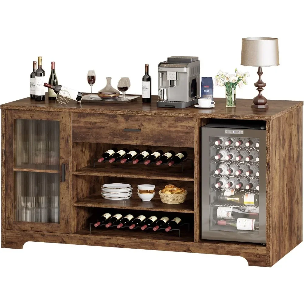 Bar Cabinet with Mini Fridge Space, 70.9” Large Wood Wine Cabinet with Cooler Space, Farmhouse Long Liquor Cabinet with Drawer