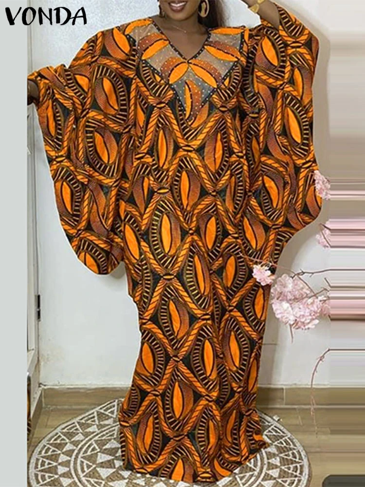プラスサイズ 5XL VONDA 女性エレガントな印刷ロングマキシドレス V ネックイブニングサンドレス 2025 カジュアル長袖ローブパーティー Vestidos