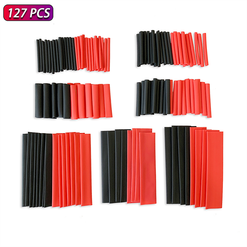 Surtido de tubos termorretráctiles 2:1, 127 Uds., tubo de poliolefina negro y rojo para Cable de coche, Kit de envoltura de manguito de alambre