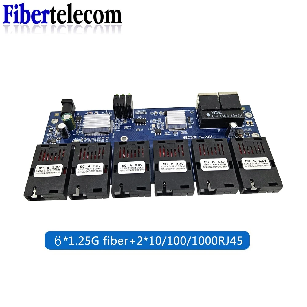 Convertitore switch multimediale in fibra ottica Ethernet 100/1000M Gigabit 6 * Porta in fibra 2 * Porta RJ45 FTTH Switch monomodale Scheda PCBA in fibra