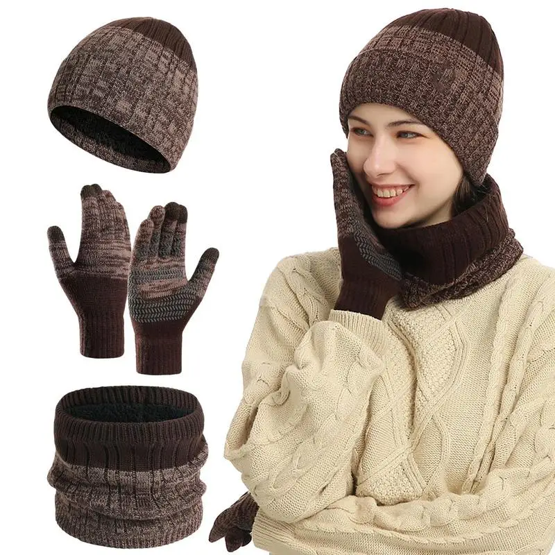 Winter 3-in-1 Schal Mütze Handschuhe Set Halswärmer Strickschal Beanie Mütze und Handschuhe Set Warm Weich 3-teiliges Mütze Schal Handschuhe Set
