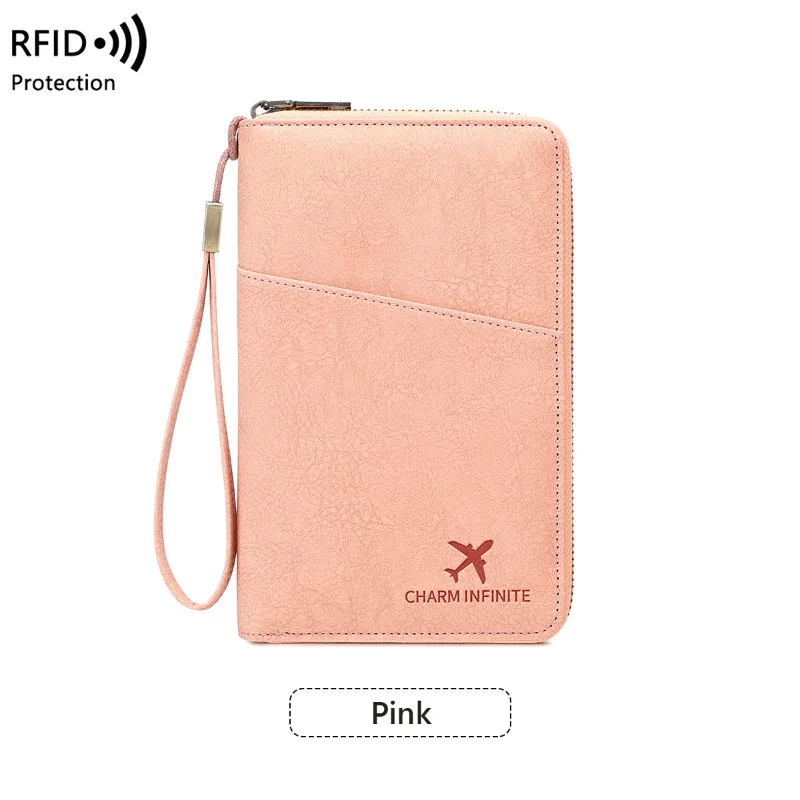 Bolsa para passaporte com bloqueio RFID, porta documentos de viagem e carteira de armazenamento de bilhetes com zíper longo, passaportes múltiplos