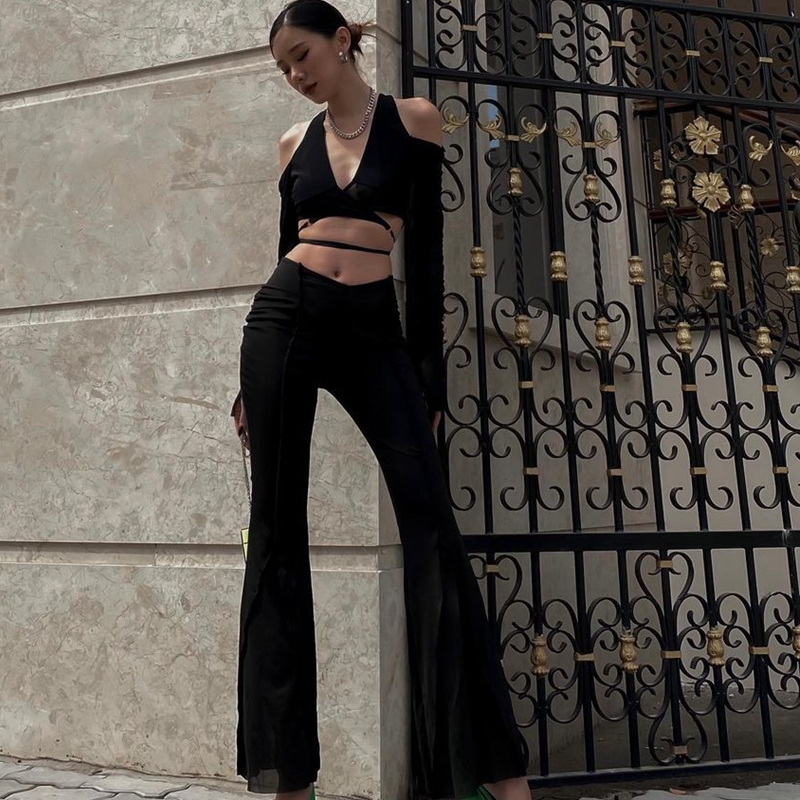 Candyhot-ゴシックメッシュシアークロップトップ、セクシーなディープVネック、裸の肩のTシャツ、y2k長袖ストリートウェア、交差包帯Tシャツ、2024