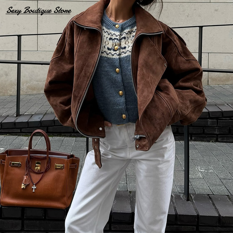 Vintage Mode Faux Suède Jas Voor Vrouwen Lange Mouw Revers Oversize Jas Casual Rits Uitloper 2025, Nieuwe Dame Commuter Kleding