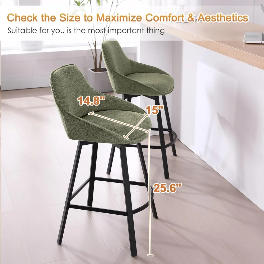 Swivel Bar Stools Set of 2 Modern Counter Height Barstools with Backs Linen Fabric High Chairs for Island Kitchen