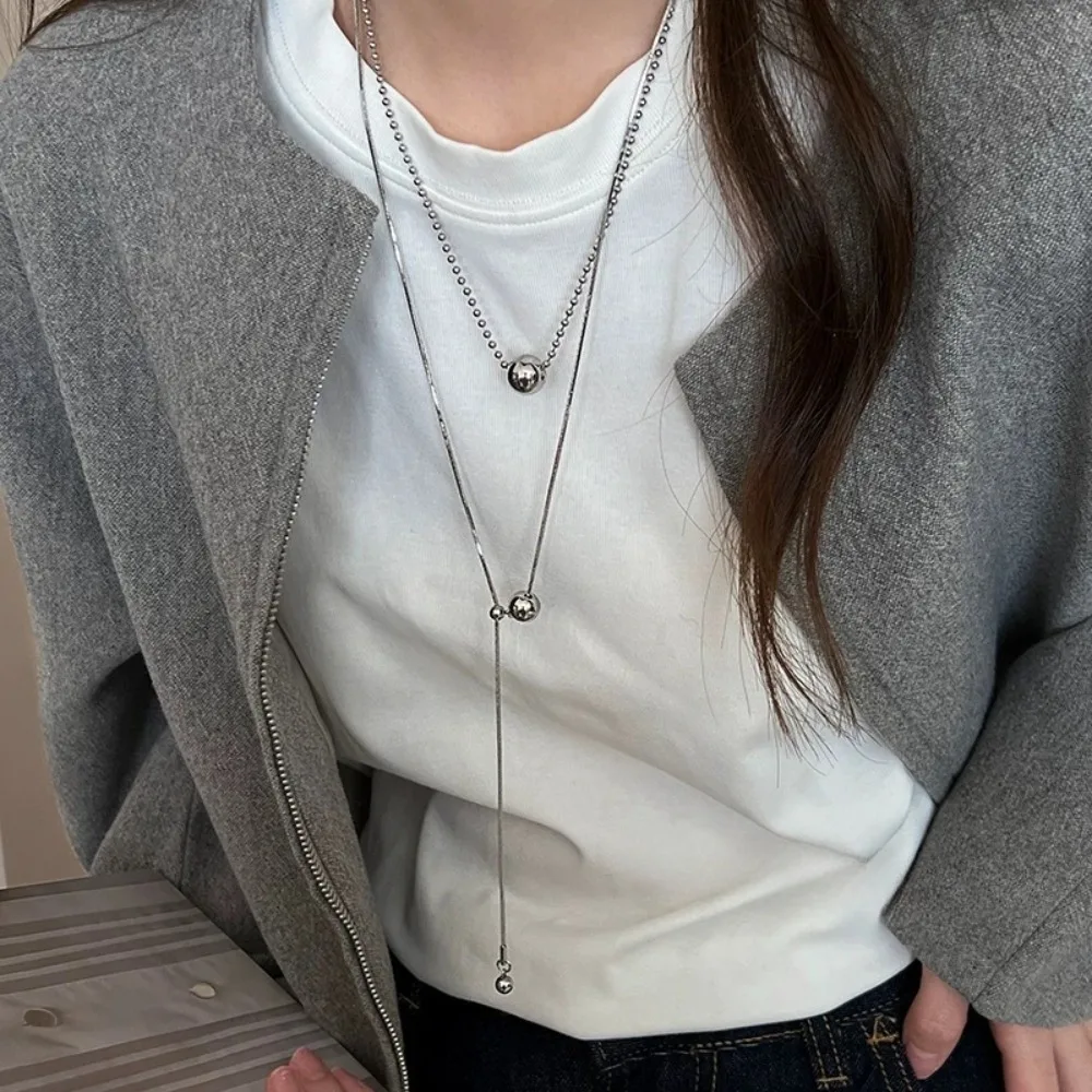 Collar con colgante de bola con cuentas de acero inoxidable para mujer, diseño de personalidad, Color plateado, gargantillas de Hip Hop Rock de doble capa, joyería