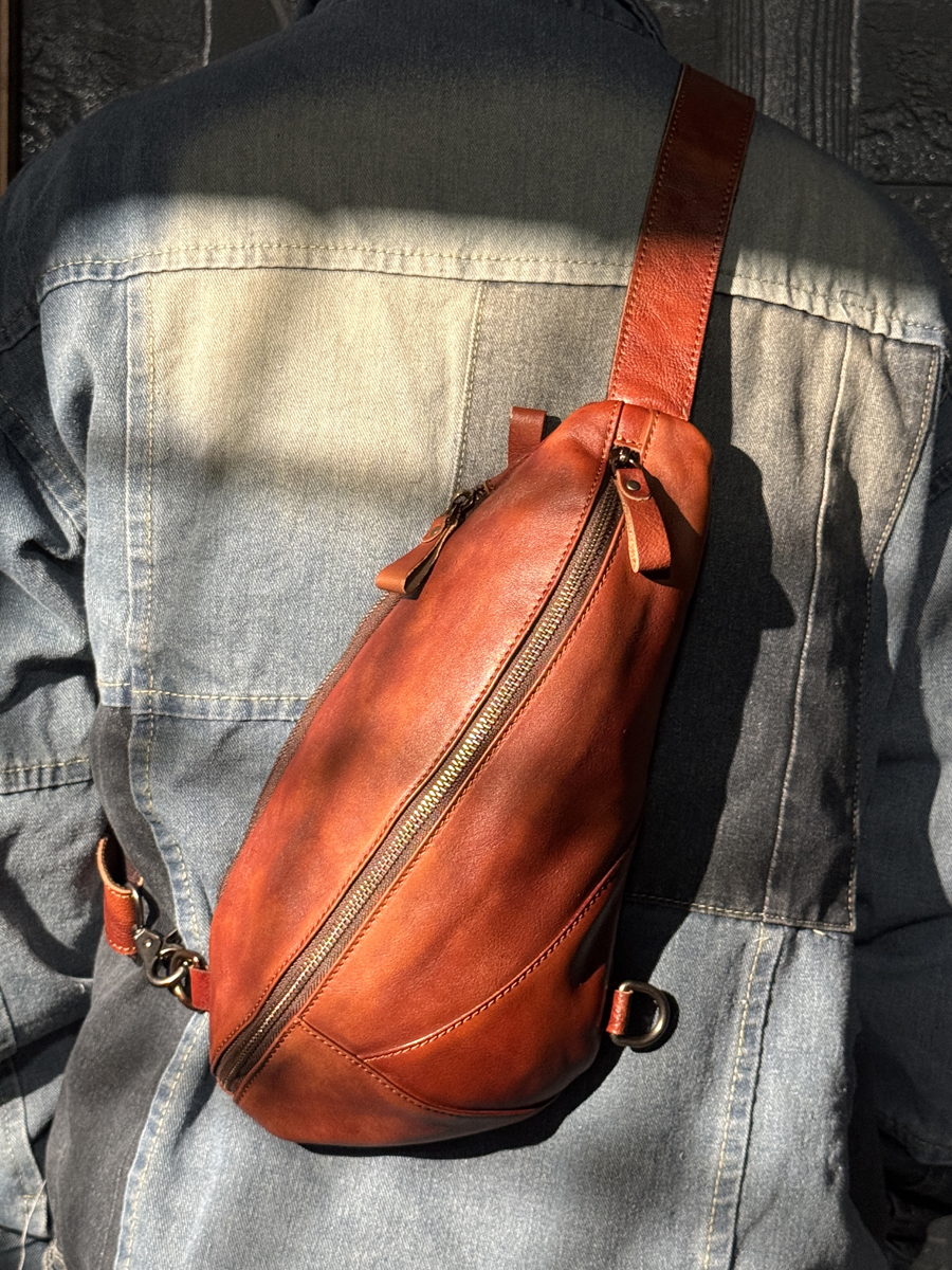 New Handmade Vegetable Tanned Cowhide Casual Crossbody Bag Top Layer Cowhide Single Shoulder Bag Hand Rubbed Color Leather Wa...