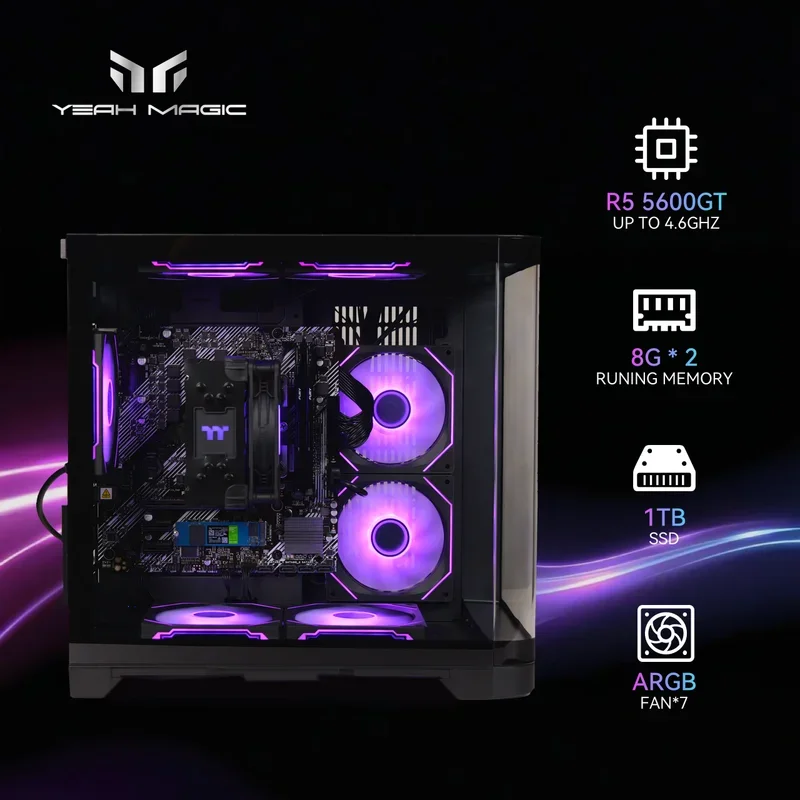 MAGIC Gaming Desktop AMD Ryzen 5 5500GT 3.9GHz 16GB(8G*2) DDR4 3200 1T NVME SSD ARGB 7 Fans Win 11 Home Gamer Desktop WIFI6