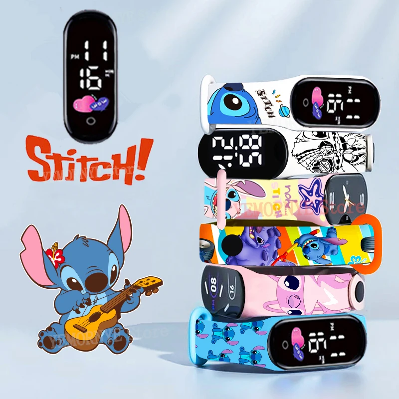 Disney Stitch นาฬิกาเด็กดิจิตอลอะนิเมะตัวเลข LED นาฬิกาส่องสว่าง Touch กันน้ํากีฬาอิเล็กทรอนิกส์นาฬิกาเด็กของขวัญวันเกิด