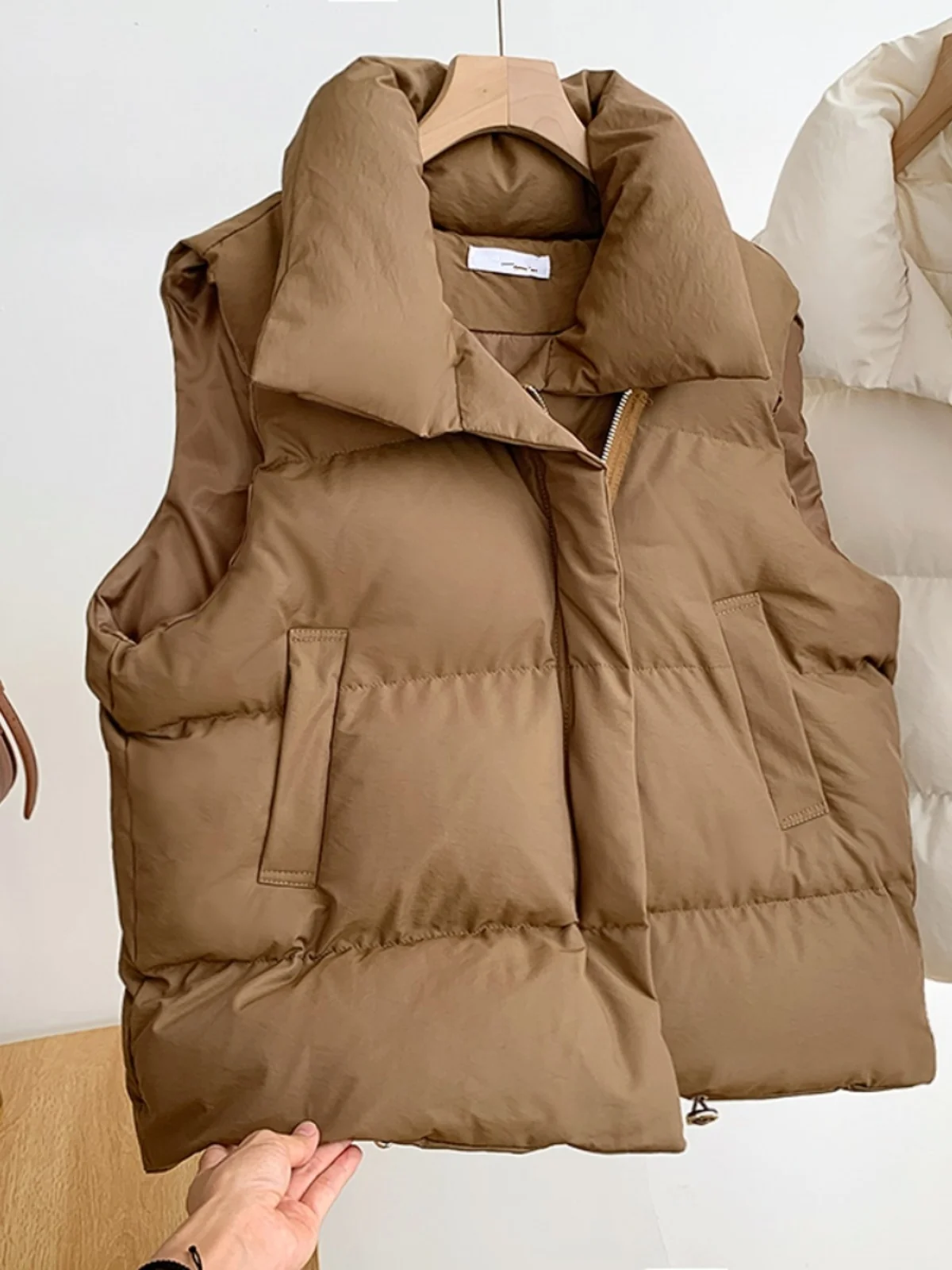 Colete de Aodão com Plumas Soltas, Sem Costas, com F de Zíper, Cor Sólida, Estilo Casual para Mulheres, Moda Outono Inv...