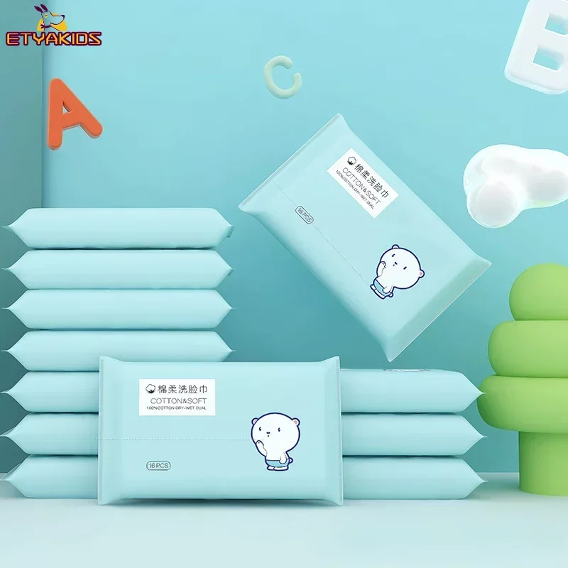 16 unids/bolsa toallitas húmedas suaves para la cara, toalla facial desechable gruesa con patrón de perlas para niños, toallita húmeda para higiene de manos y boca para niños