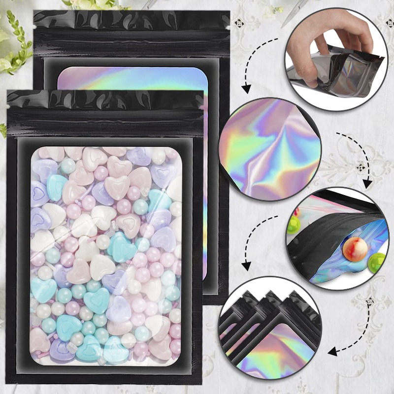 50-500Pcs Holographic Ziplock Bags Plastic Laser Iridescent Zip Bags for Manicure Eyelash Display Earrings Ring Storage Bag