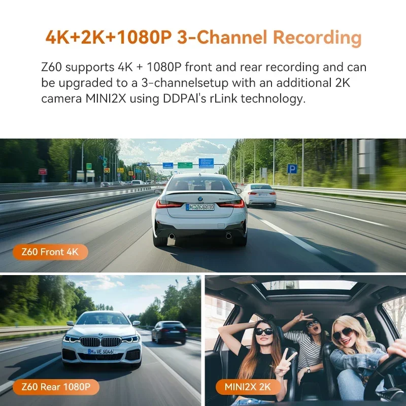 Ddpai traço cam z60 3ch suporte traseiro e interior dash cam com gps 5ghz wifi adas nightvision traço câmera 24h monitor de estacionamento