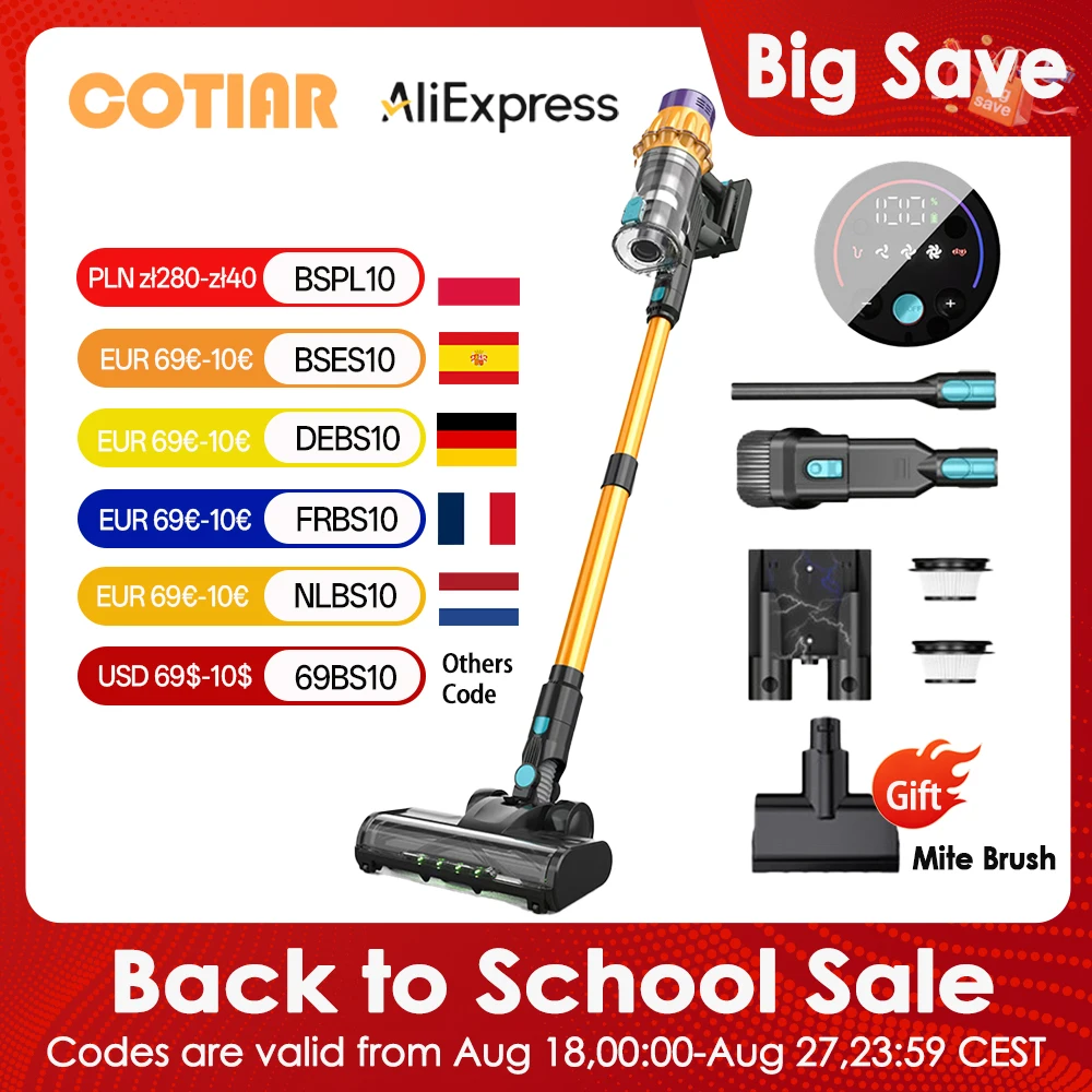 COTIAR V22 650W aspirateur sans fil 55kPa puissance d'aspiration aspirateur sans brosse capacité 1,2 l affichage LED pour tapis de sol poils d'animaux