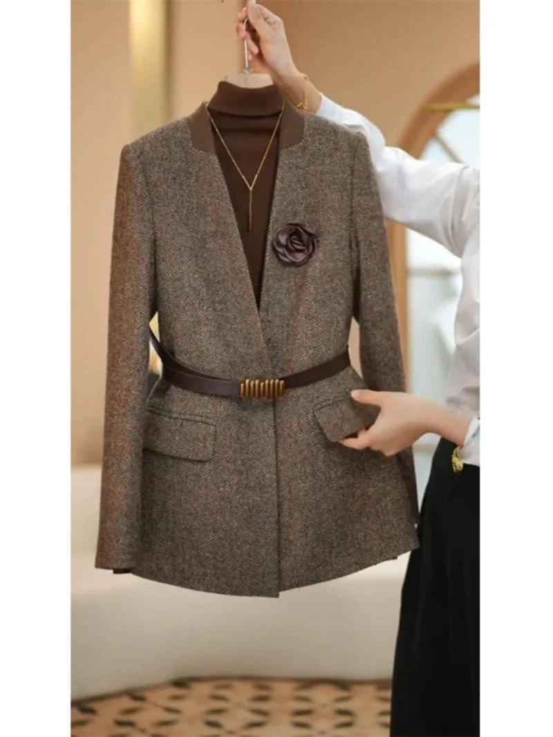 Plus size 4xl alta qualidade café colorido terno jaqueta para mulheres primavera outwear moda simples casaco de lã outono blazer com cinto