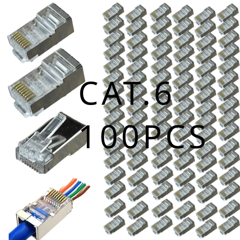 Модульный разъем для кабеля Ethernet 8P8C, экранированный Cat6 RJ45 перфорированный, позолоченный Обжимной Сетевой соединитель RJ45 (100 шт.)