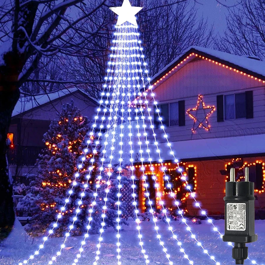 9X3M 288LED Outdoor Weihnachten Wasserfall Stern String Licht Beleuchtete Wasserfall Baum Hängen String Licht Topper Stern Fee licht