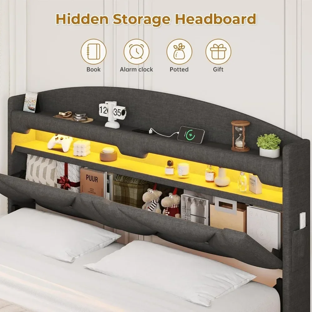King Size Bed Frame with Type-C Charging Station& Hidden Storage Headboard, RGB Floating Platform Bed Frame