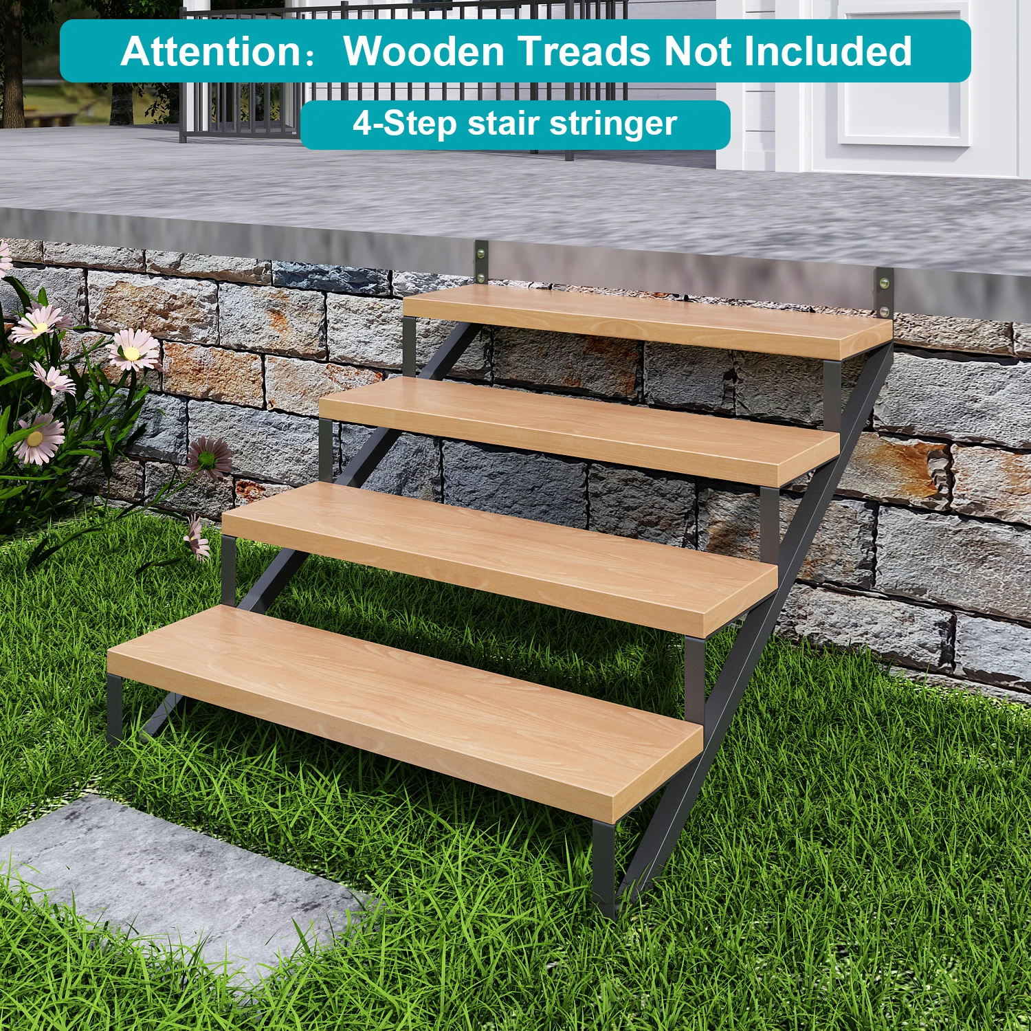 Steel Stair Stringer 4 Step-2 pcs, Pre-drilled Holes Steel Stair Riser for Deck Height 35in,Heavy Duty Outdoor Steps