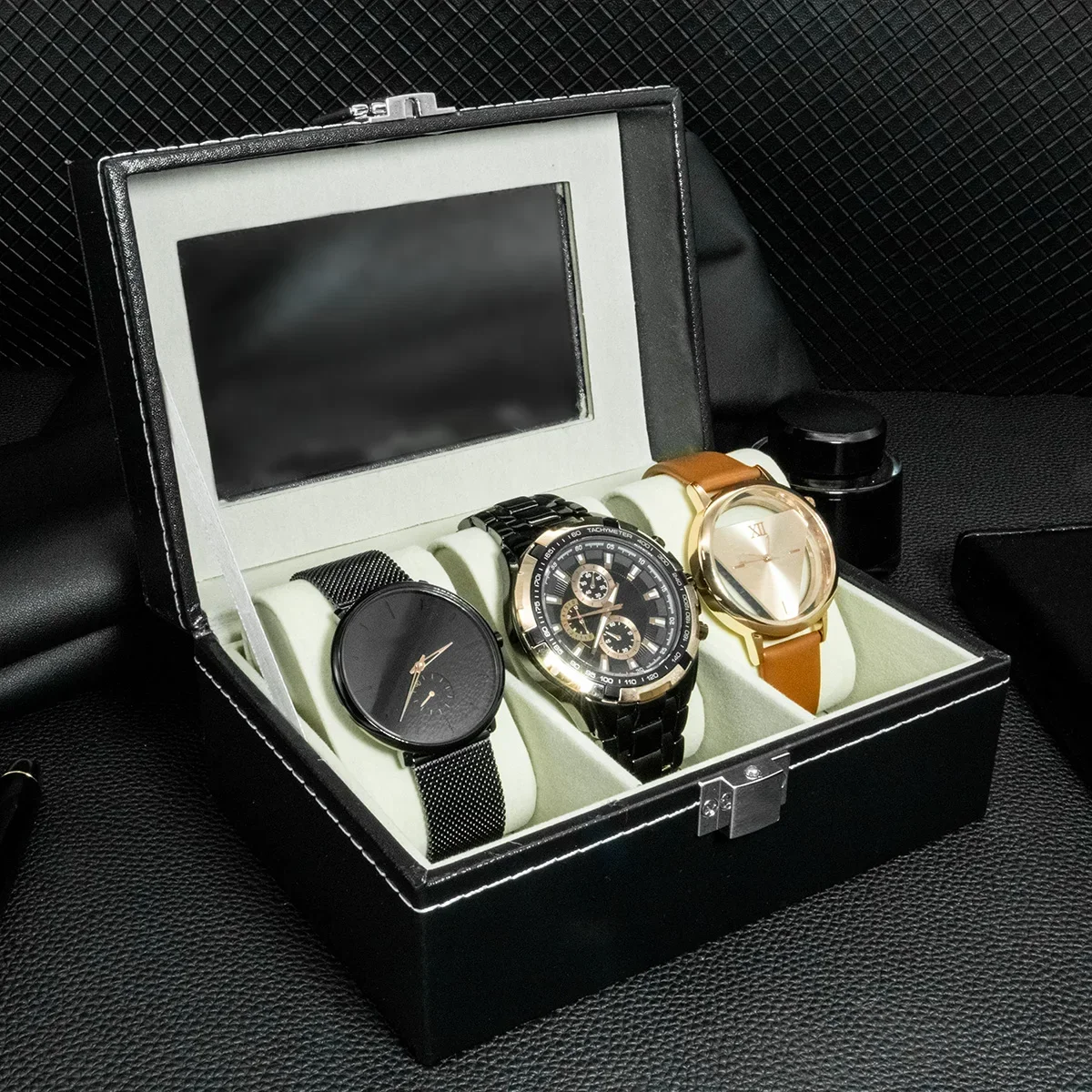 Hot Sale PU Leather Display Storage Collection Organizer Watch Box For Men Watch Display Case With Glass Top