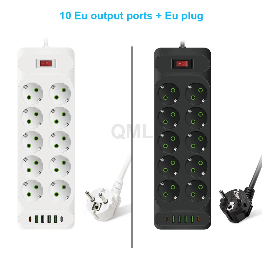2500W EU AC Plug Power Strip Safety Switch 2m extension cord European Standard Plug Socket Network Filter With USB C Charging