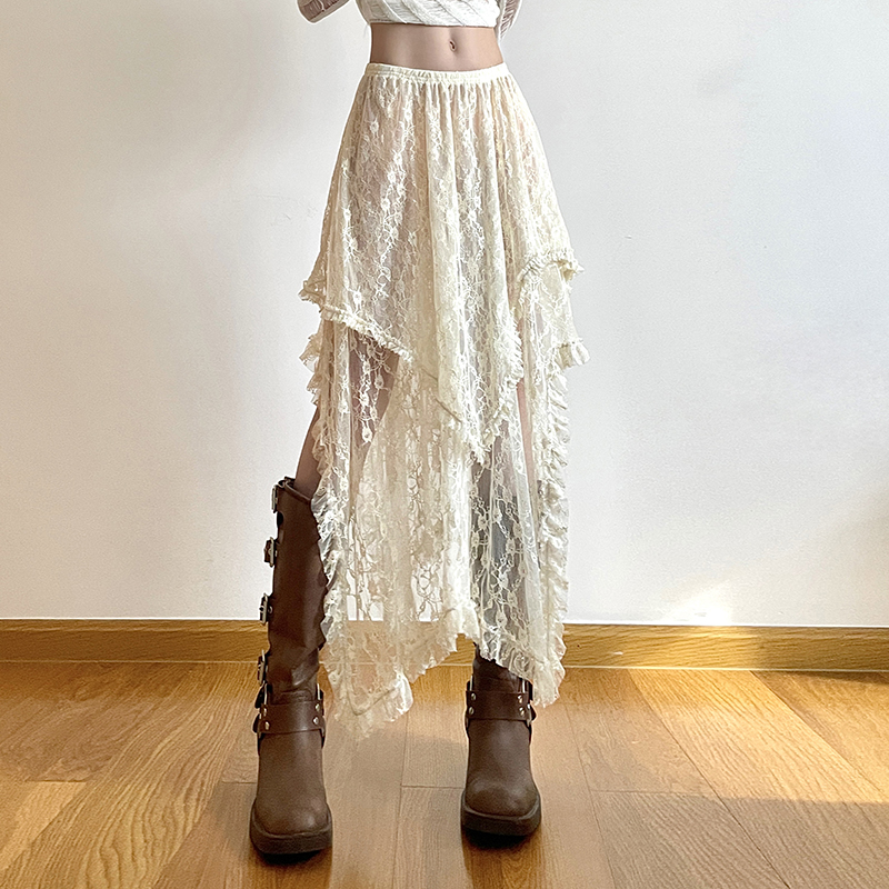 SUCHCUTE Boho Lace Asymmetrical Skirt Vintage Y2K Aesthetic 2000s High Waist Skirts Summer Ladies Holiday Concert Women Outfits