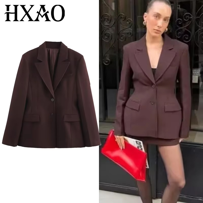 Hxao blazer feminino escritório wear blazer marrom mulher primavera 2025 manga longa cabido commute blazer botão elegante feminino blazers