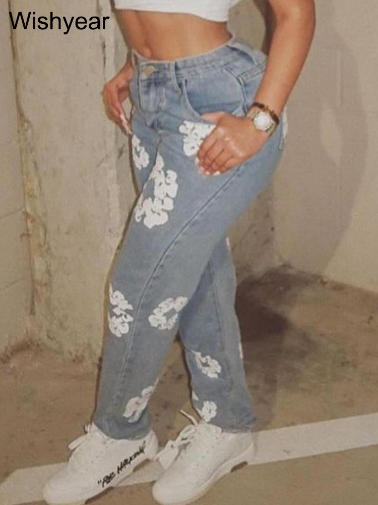 Moda primavera algodão estiramento flor impressão azul jeans feminino casual cintura alta todos os jogos hipster calças jeans magros streetwear