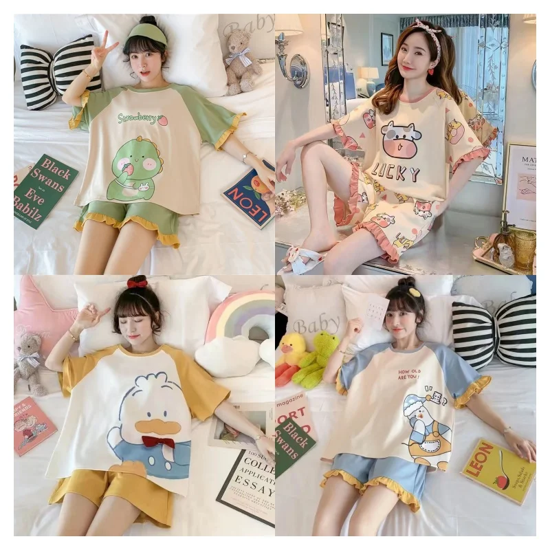 Conjuntos de duas peças pijamas para meninas, shorts de manga curta, roupa caseira com babados, impressão solta de desenhos animados, tamanho grande, bonito, verão