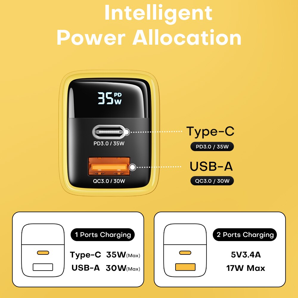 ASOMETECH 35W GaN Ladegerät LED Display QC3.0 30W 25W PD PPS Schnellladung USB Typ C Ladegerät für iPhone 14 Pro Samsung S23 Xiaomi