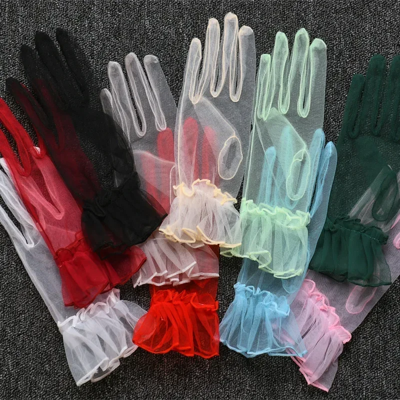 Guantes cortos de tul para mujer, guantes elegantes blancos y negros para boda de verano, manoplas con dedos completos de encaje elástico, guantes transparentes de malla