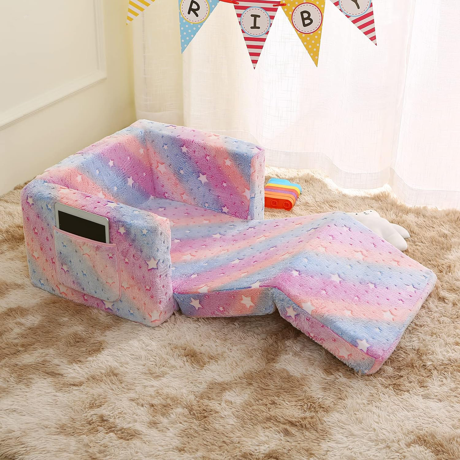 Sofá infantil dobrável, cadeira de sofá infantil que brilha no escuro, sofá-cama dobrável reclinável infantil conversível 2 em 1