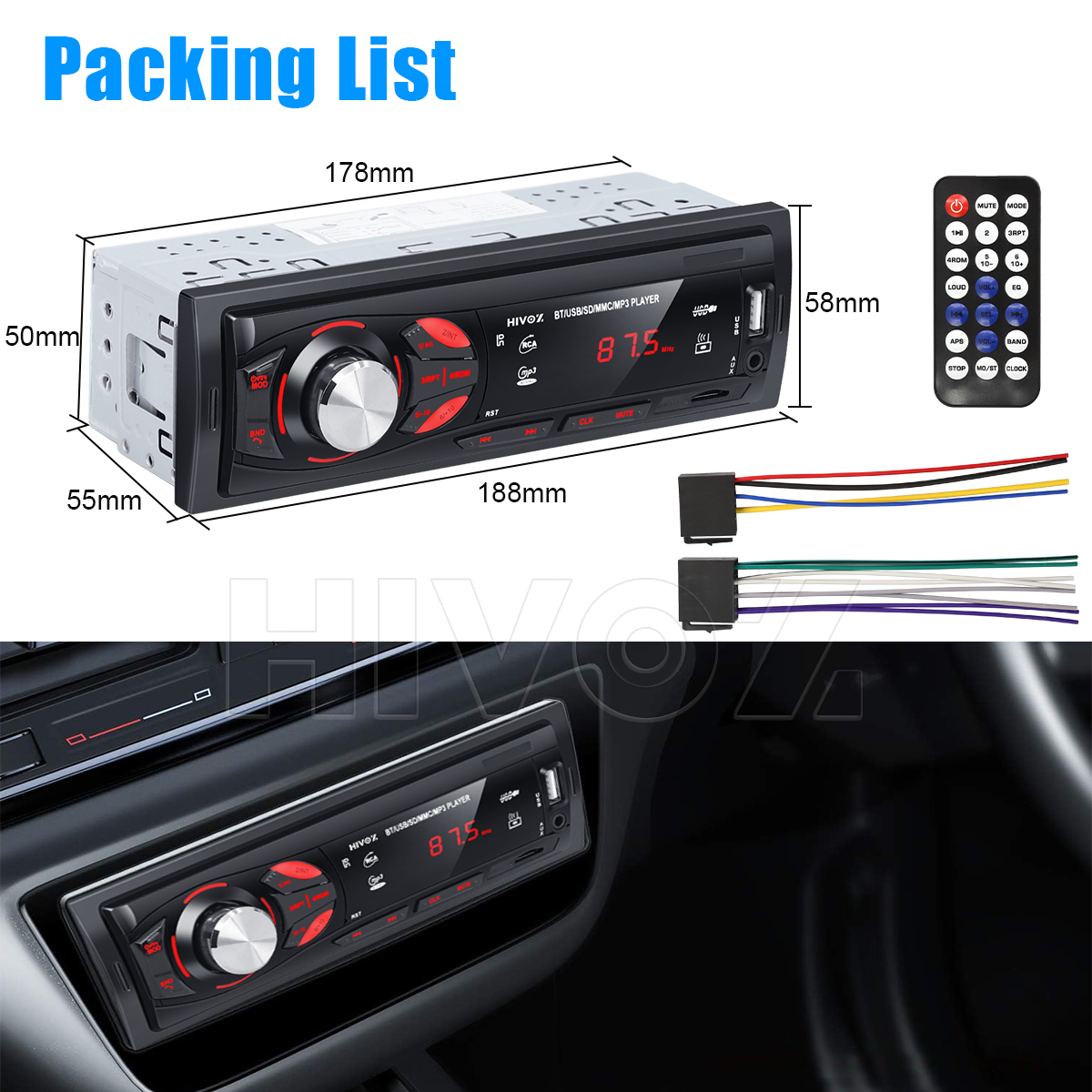 HIVOZ Autoradio Audio 1 Din Bluetooth Stereo Chiamate in vivavoce Lettore MP3 Ricevitore FM con scheda AUX/USB/TF nel kit Dash